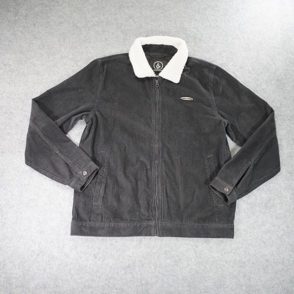 Volcom Trucker Jacket Mens Medium Halecrest Corduroy Gray Full Zip Sherpa Collar - Picture 1 of 14